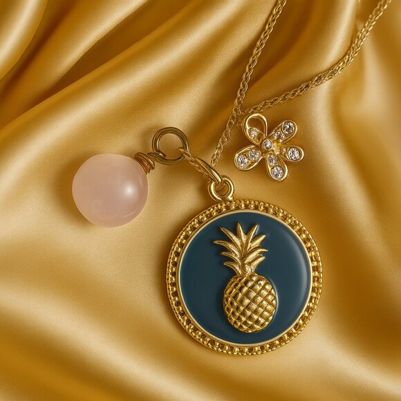 Enamel Pineapple Charm Necklace w/ Rose Quartz & Sparkle Butterfly Pendant, Gold - Picture 1 of 8